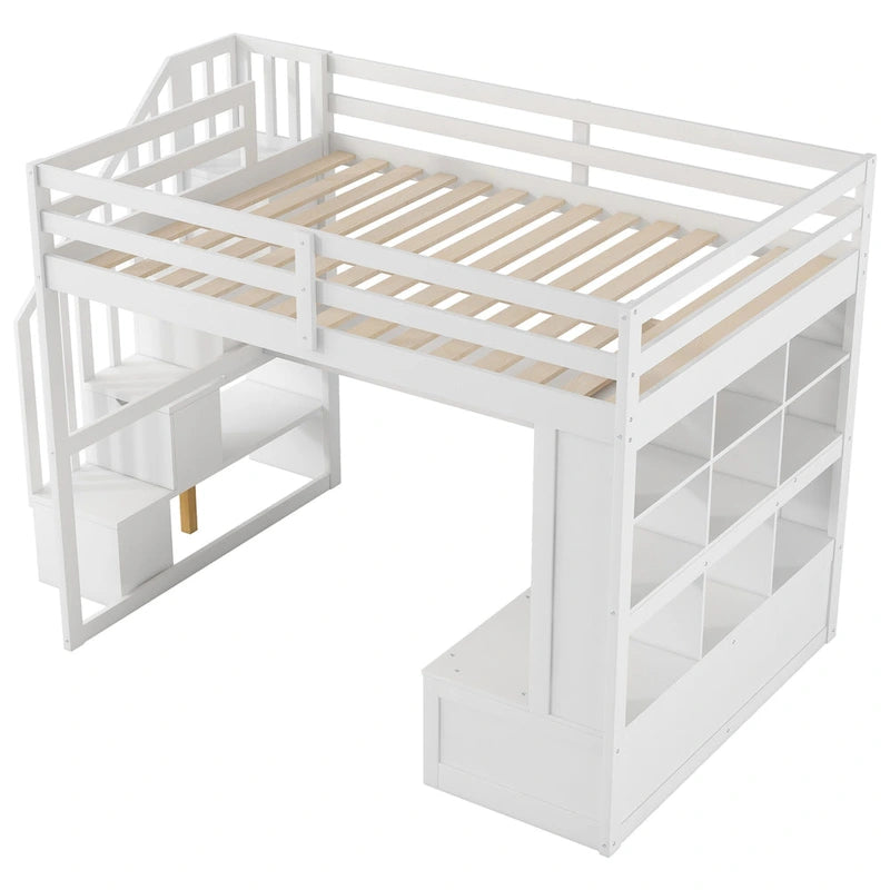 Struttura letto a soppalco moderna in legno di pino con scala contenitore integrata