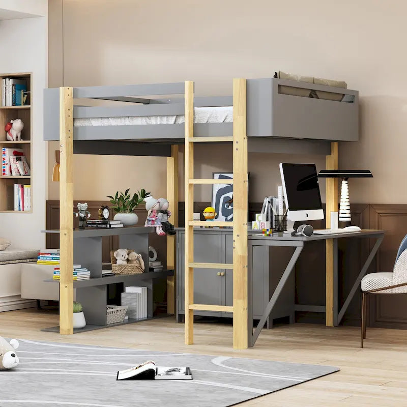 Estructura de cama alta moderna de madera de pino bicolor con escalera integrada