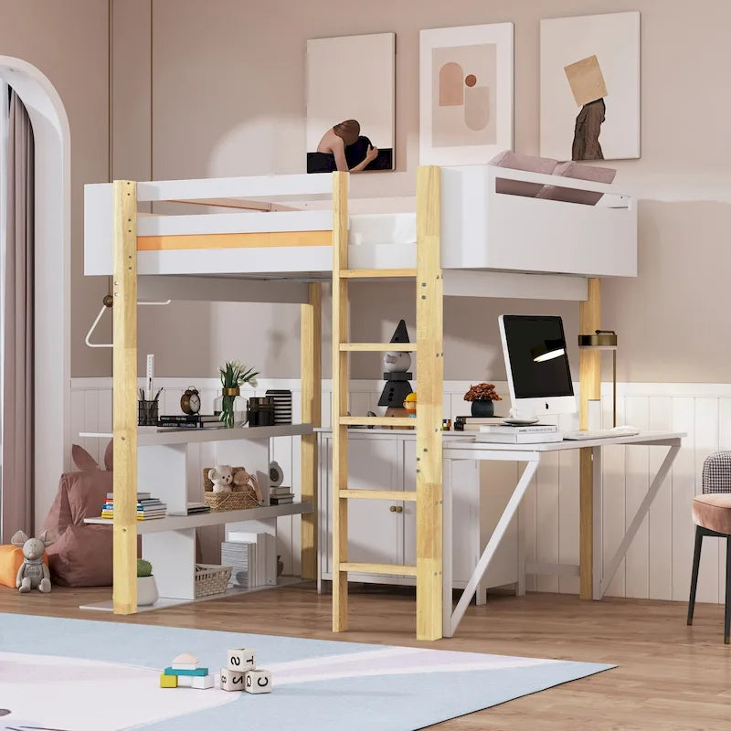 Estructura de cama alta moderna de madera de pino bicolor con escalera integrada