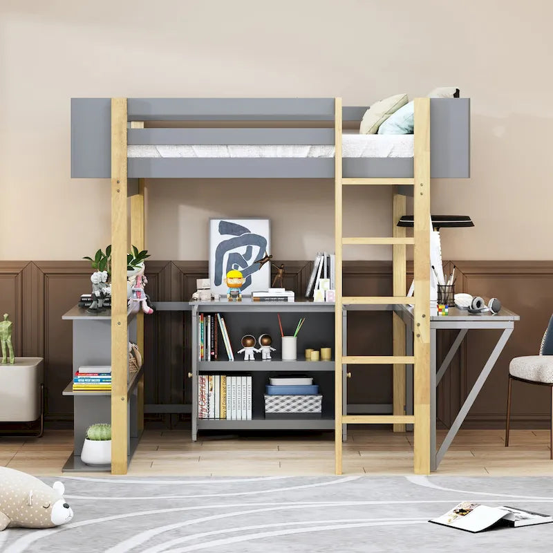 Estructura de cama alta moderna de madera de pino bicolor con escalera integrada