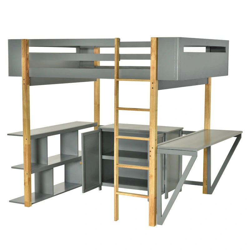 Estructura de cama alta moderna de madera de pino bicolor con escalera integrada