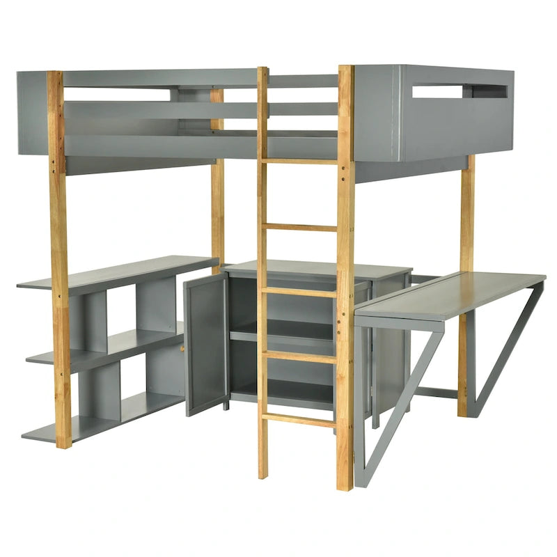 Estructura de cama alta moderna de madera de pino bicolor con escalera integrada