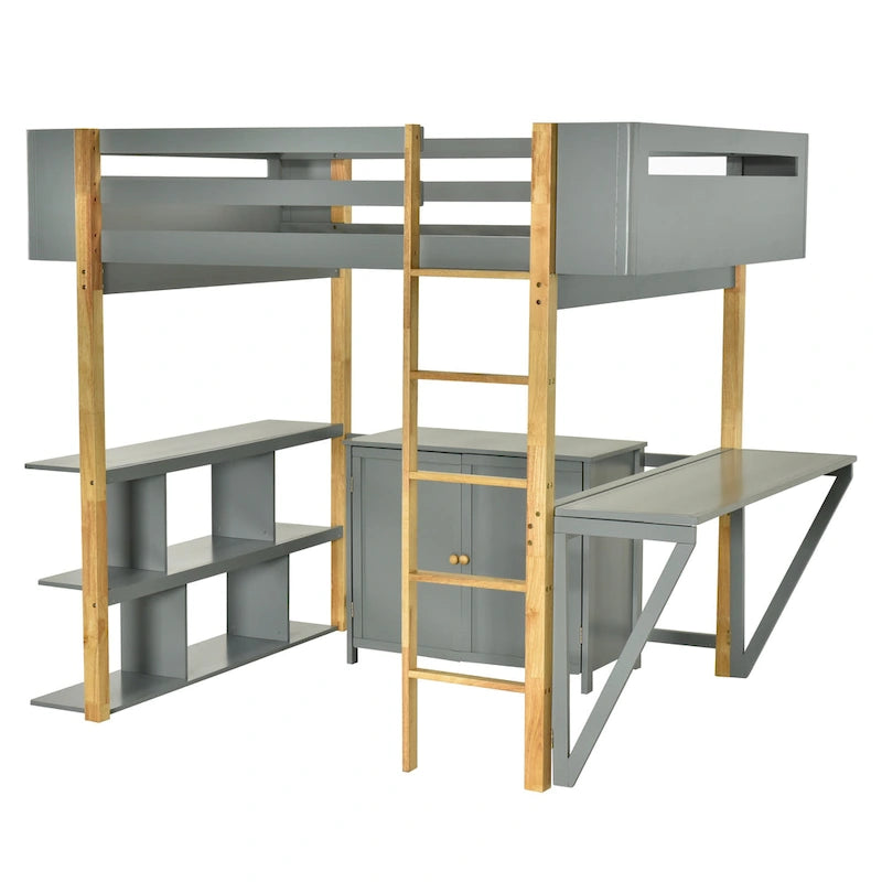 Estructura de cama alta moderna de madera de pino bicolor con escalera integrada