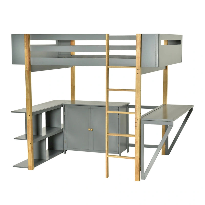 Estructura de cama alta moderna de madera de pino bicolor con escalera integrada