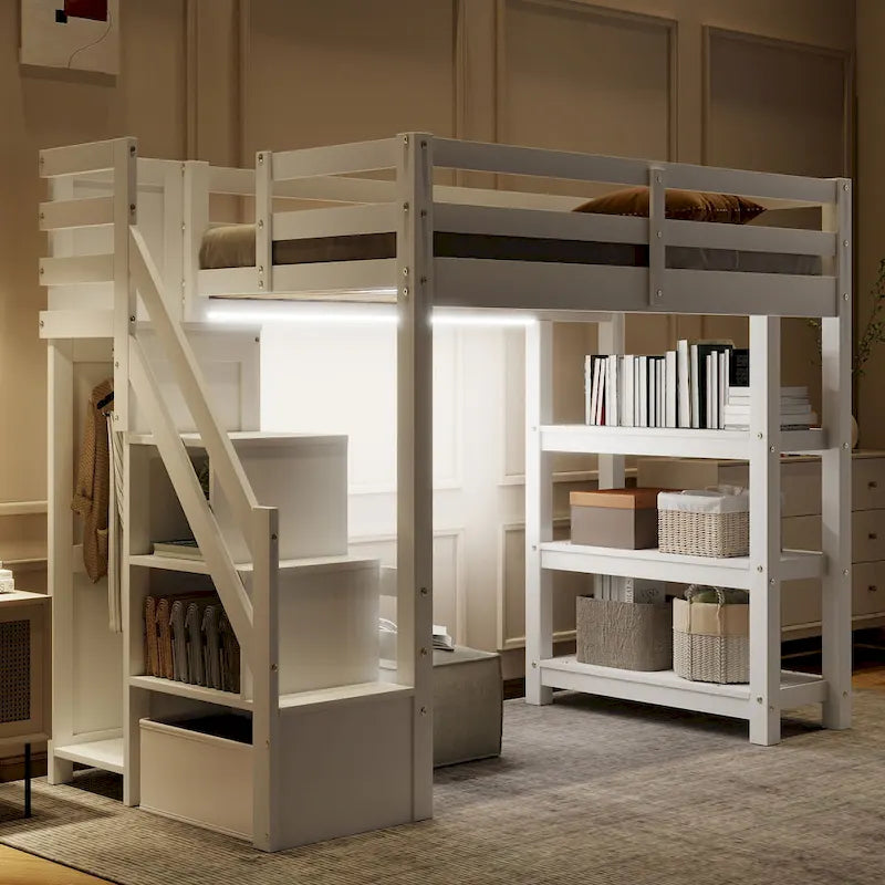Twin Size Loft Bed with Shelves, Storage Staircase, Small Wardrobe and White LED Light, White