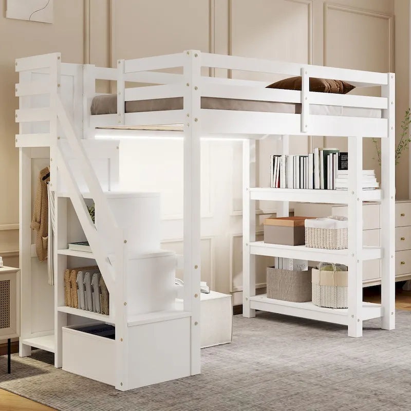 Cama alta de madera de pino blanca con escaleras de almacenamiento y estantes