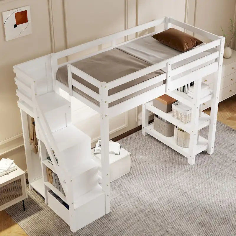 Cama alta de madera de pino blanca con escaleras de almacenamiento y estantes