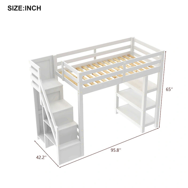 Cama alta de madera de pino blanca con escaleras de almacenamiento y estantes