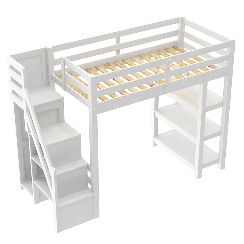 Letto alto bianco in legno di pino con scala contenitore e mensole