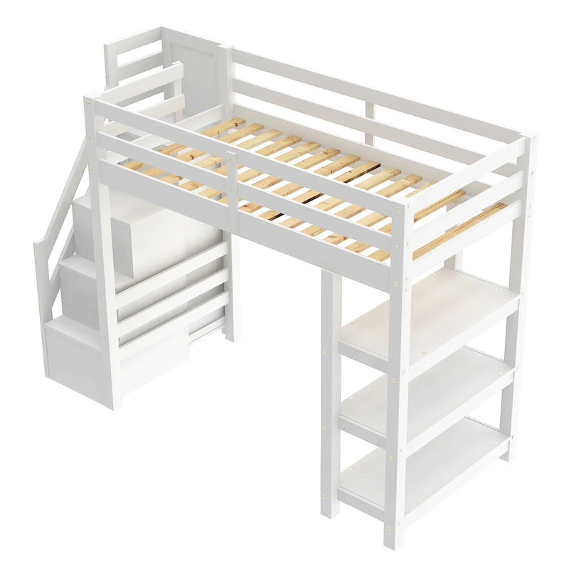 Letto alto bianco in legno di pino con scala contenitore e mensole