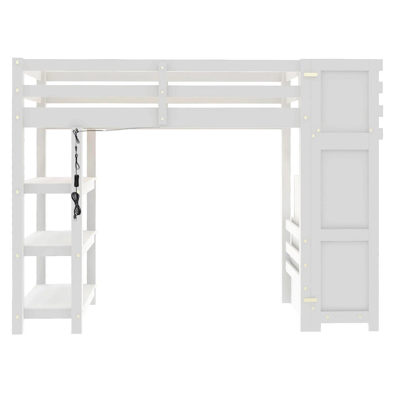 Letto alto bianco in legno di pino con scala contenitore e mensole