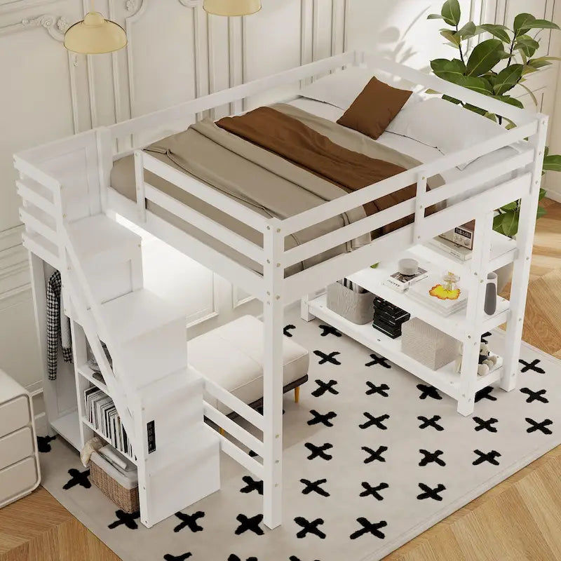 Letto alto bianco in legno di pino con scala contenitore e mensole