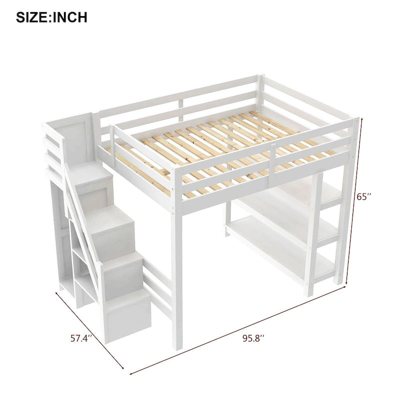 Letto alto bianco in legno di pino con scala contenitore e mensole