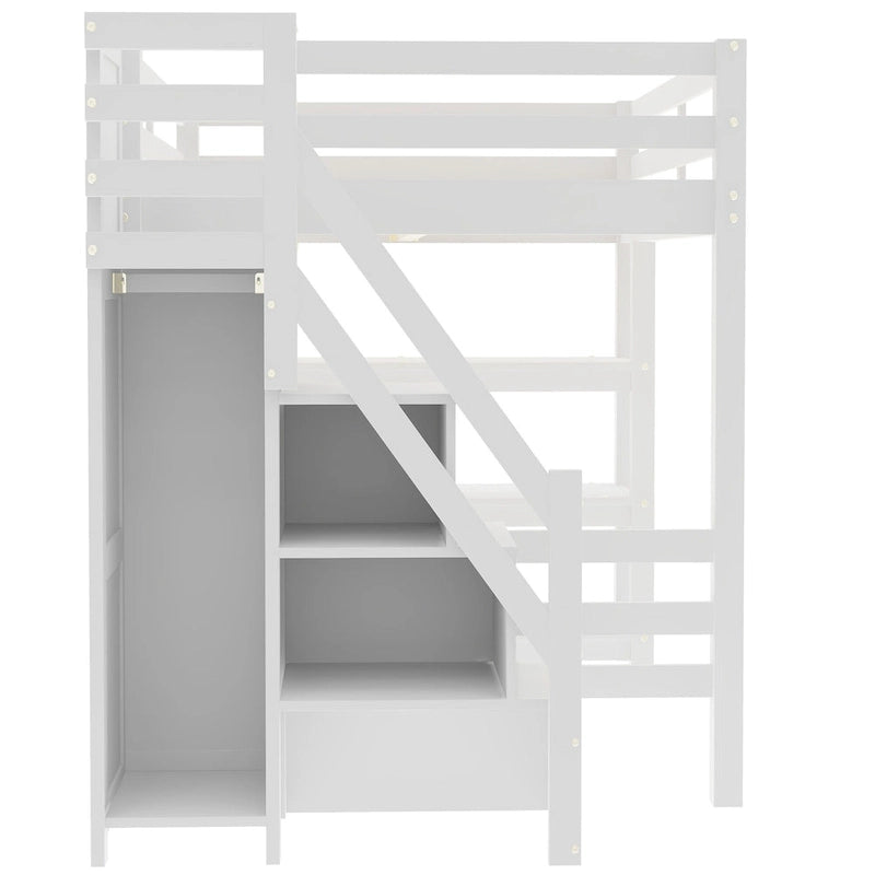 Letto alto bianco in legno di pino con scala contenitore e mensole