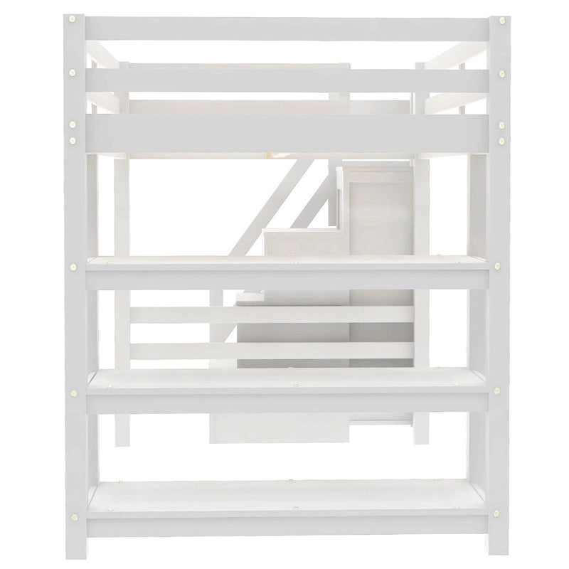 Letto alto bianco in legno di pino con scala contenitore e mensole