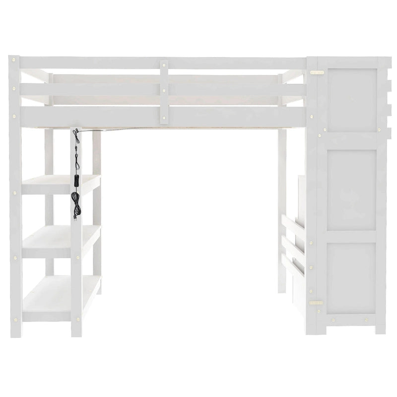 Letto alto bianco in legno di pino con scala contenitore e mensole
