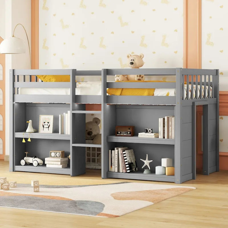Cama baja alta de madera gris moderna con estantes e iluminación