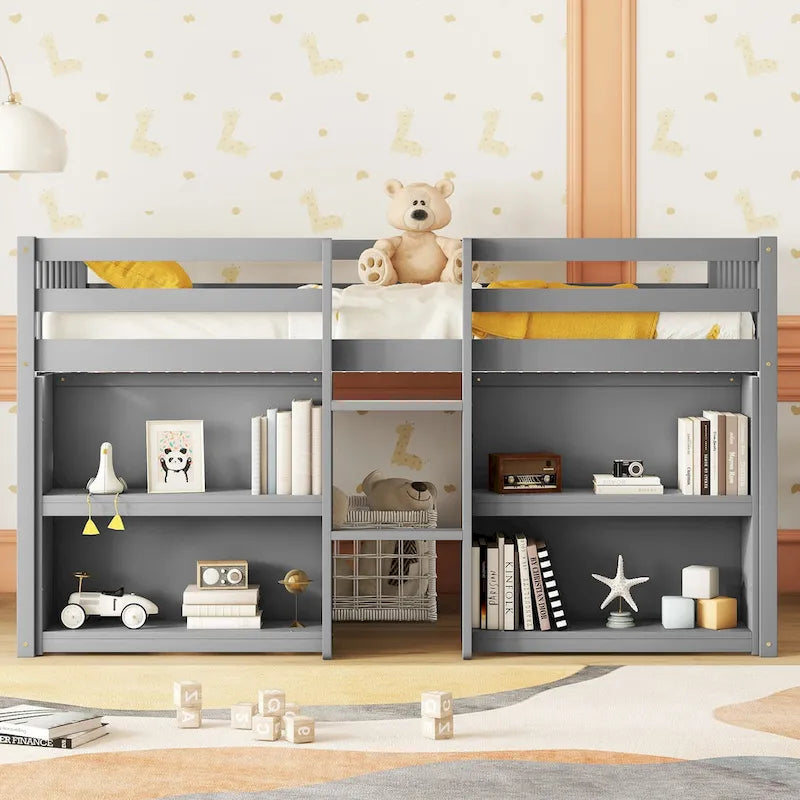 Cama baja alta de madera gris moderna con estantes e iluminación
