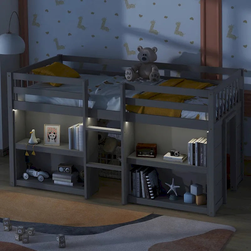 Cama baja alta de madera gris moderna con estantes e iluminación