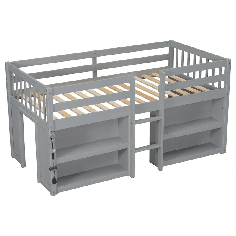 Cama baja alta de madera gris moderna con estantes e iluminación
