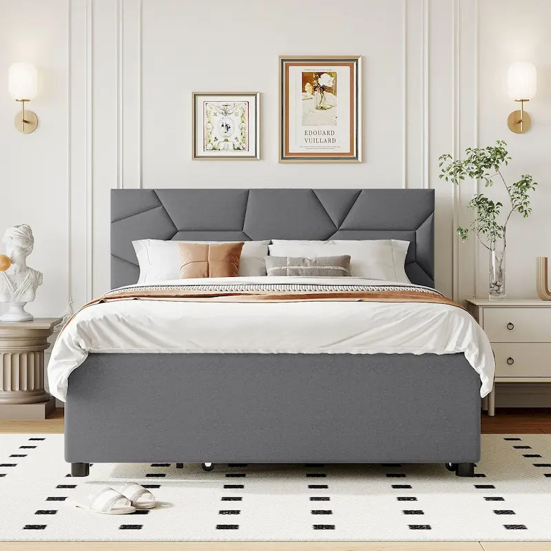 Estructura de cama plataforma moderna tapizada de lino con cabecero acolchado geométrico