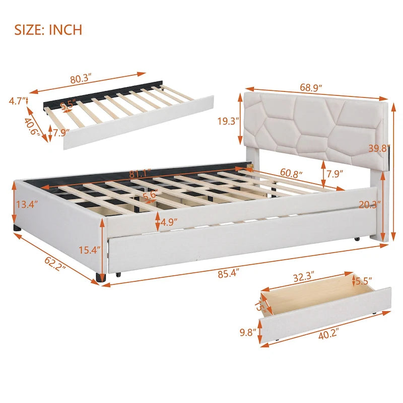 Brick Pattern Headboard Bed Frame Linen Fabric Upholstered Platform Bed, Wood Panel Bed wTrundle Bed & 2 Drawers,Low Profile Bed
