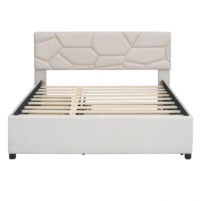 Estructura de cama plataforma moderna tapizada de lino con cabecero acolchado geométrico