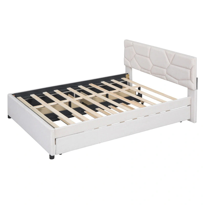 Estructura de cama plataforma moderna tapizada de lino con cabecero acolchado geométrico