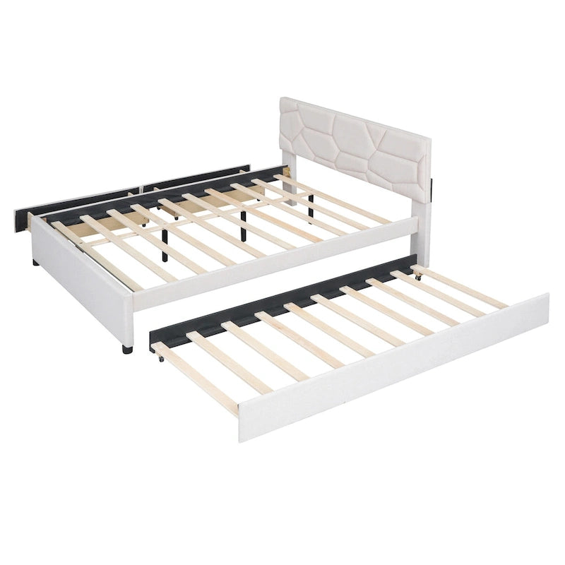Estructura de cama plataforma moderna tapizada de lino con cabecero acolchado geométrico