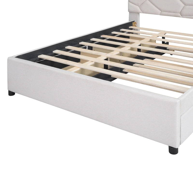 Estructura de cama plataforma moderna tapizada de lino con cabecero acolchado geométrico