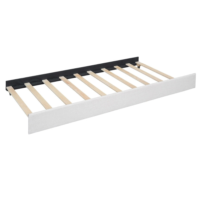 Estructura de cama plataforma moderna tapizada de lino con cabecero acolchado geométrico
