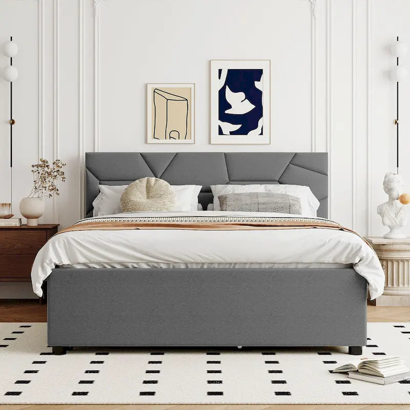 Estructura de cama plataforma moderna tapizada de lino con cabecero acolchado geométrico