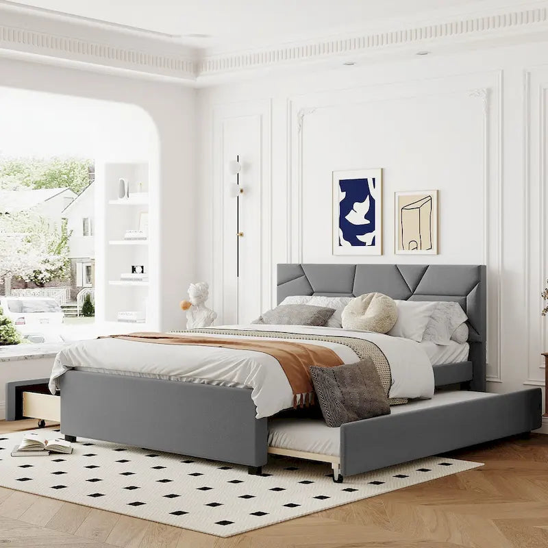 Estructura de cama plataforma moderna tapizada de lino con cabecero acolchado geométrico