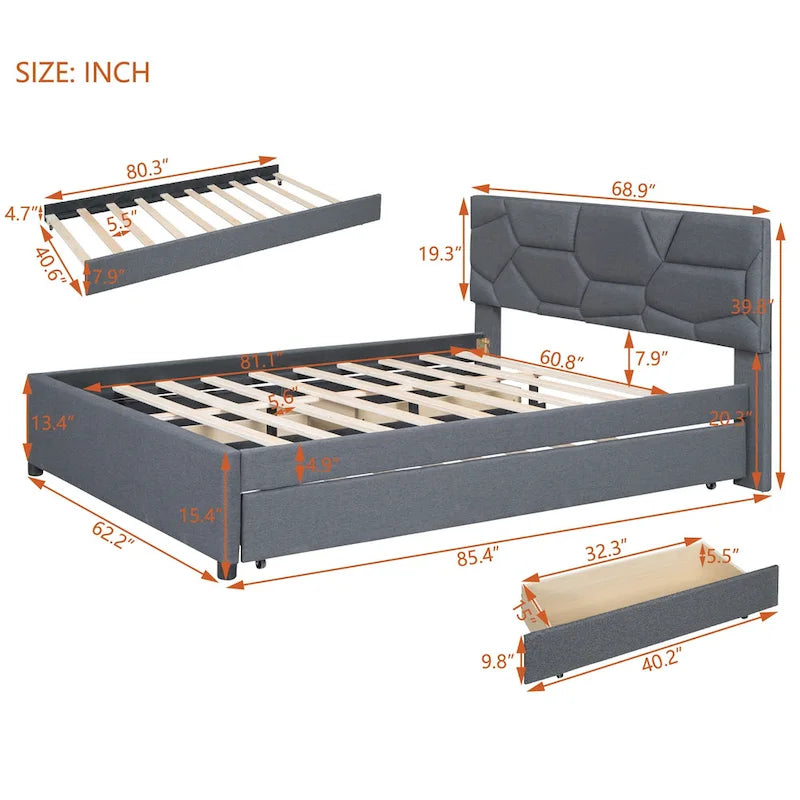 Estructura de cama plataforma moderna tapizada de lino con cabecero acolchado geométrico