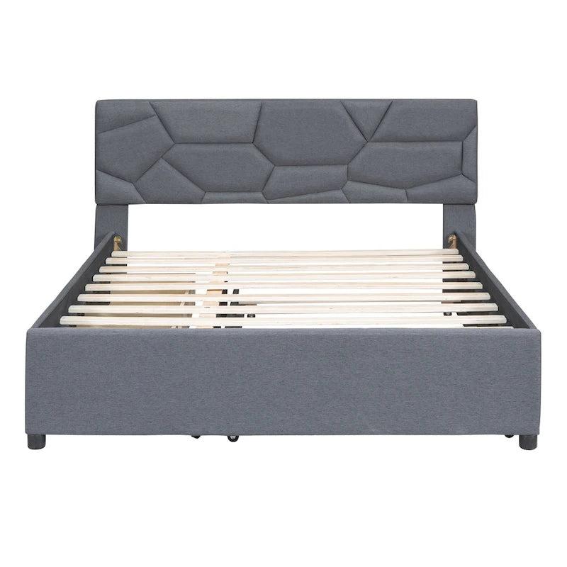 Estructura de cama plataforma moderna tapizada de lino con cabecero acolchado geométrico