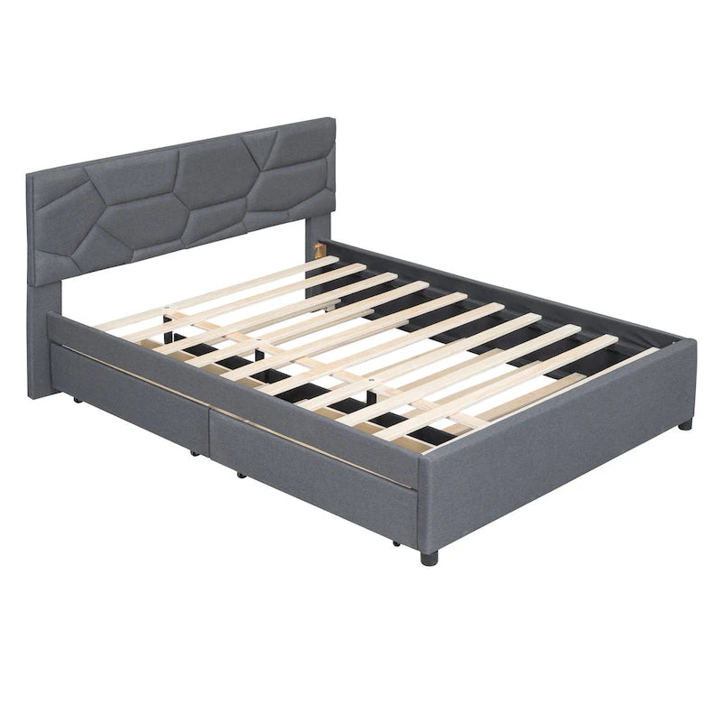 Estructura de cama plataforma moderna tapizada de lino con cabecero acolchado geométrico