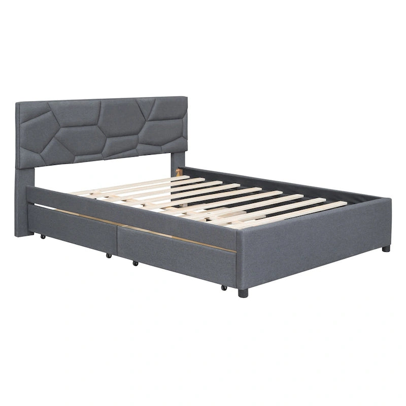 Estructura de cama plataforma moderna tapizada de lino con cabecero acolchado geométrico
