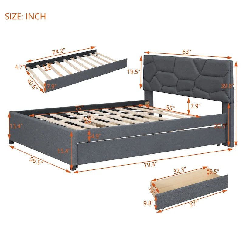 Estructura de cama plataforma moderna tapizada de lino con cabecero acolchado geométrico