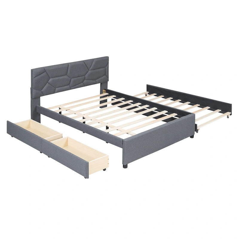 Estructura de cama plataforma moderna tapizada de lino con cabecero acolchado geométrico