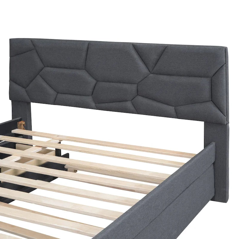 Estructura de cama plataforma moderna tapizada de lino con cabecero acolchado geométrico