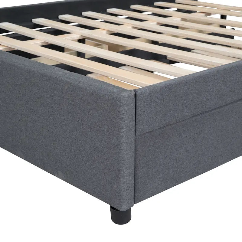 Estructura de cama plataforma moderna tapizada de lino con cabecero acolchado geométrico