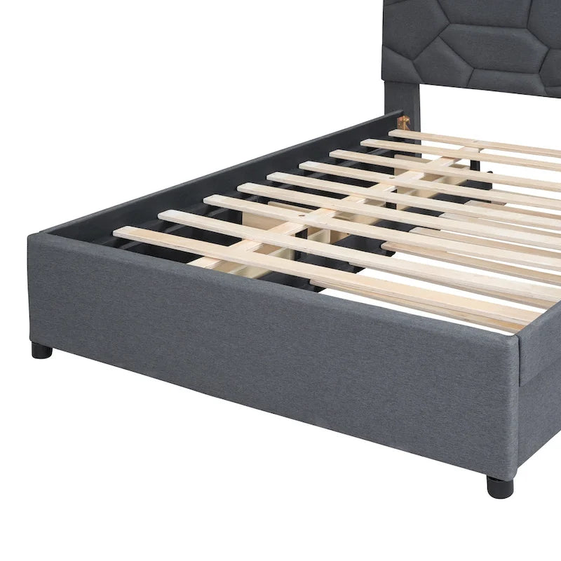 Estructura de cama plataforma moderna tapizada de lino con cabecero acolchado geométrico