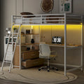 Cama alta tipo loft moderna de metal con escritorio, cajones e iluminación LED