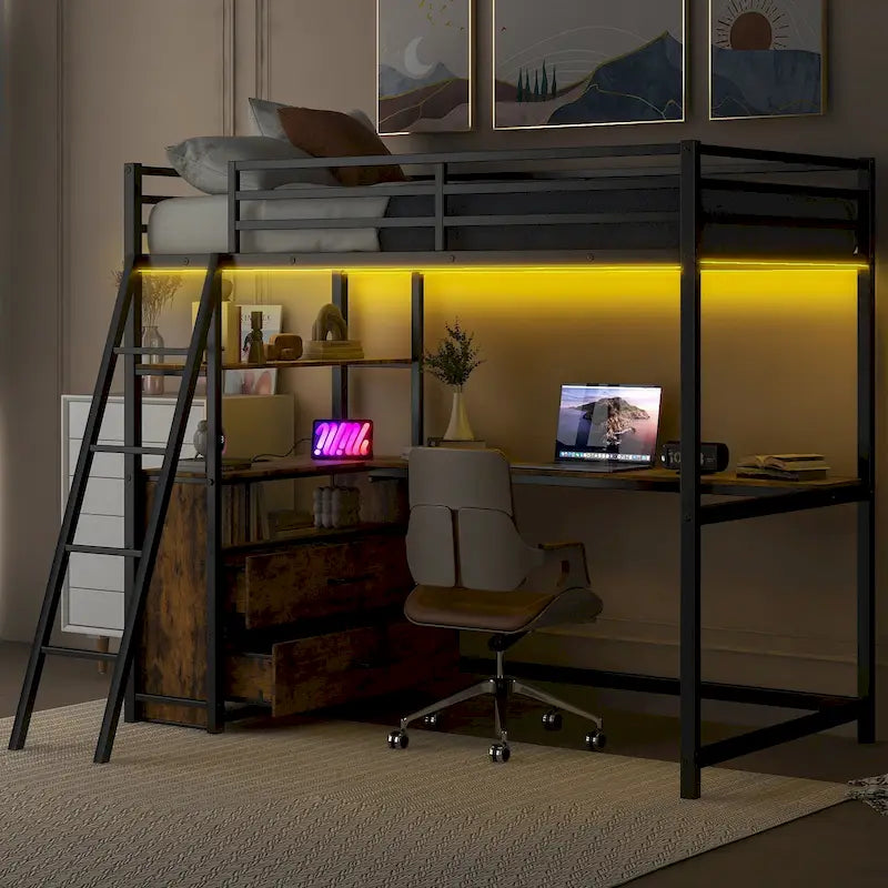 Cama alta tipo loft moderna de metal con escritorio, cajones e iluminación LED