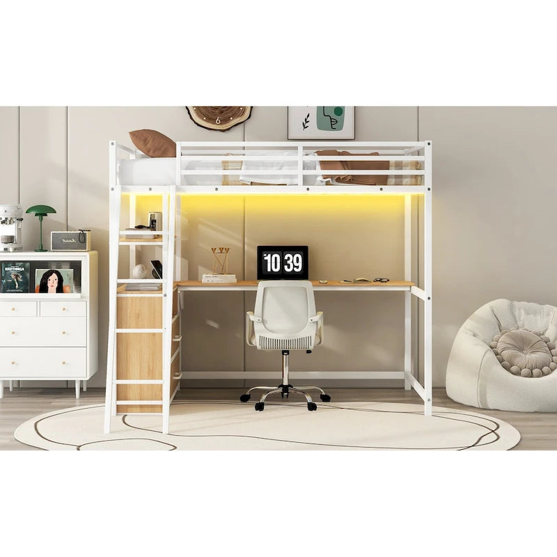 Cama alta tipo loft moderna de metal con escritorio, cajones e iluminación LED