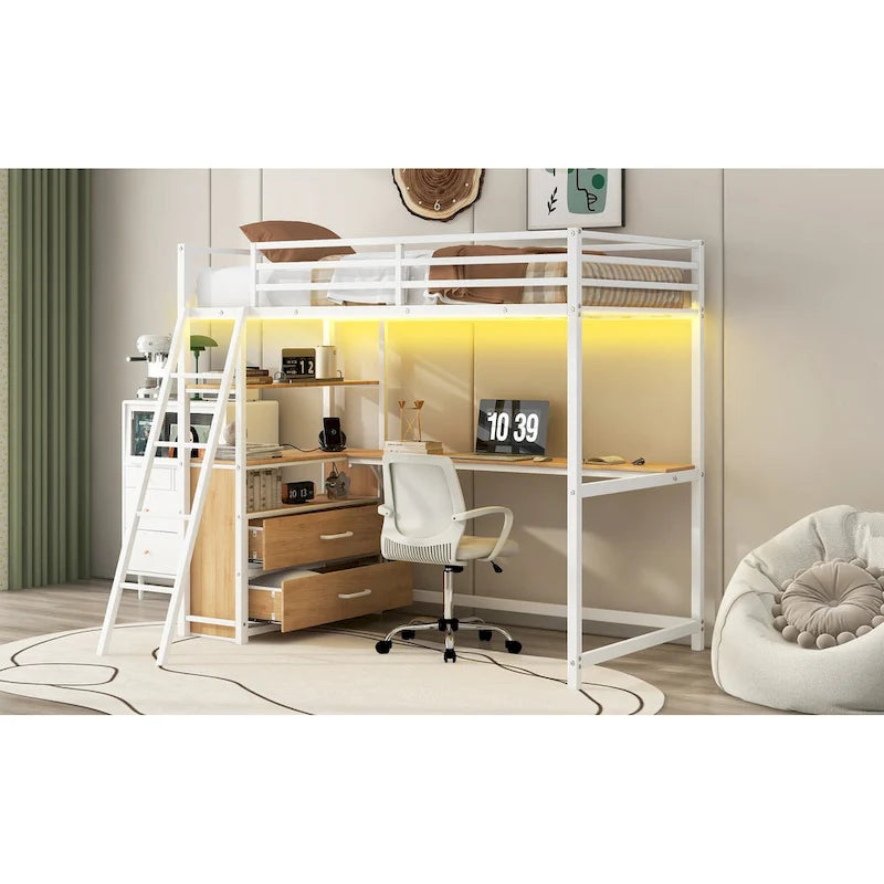 Cama alta tipo loft moderna de metal con escritorio, cajones e iluminación LED