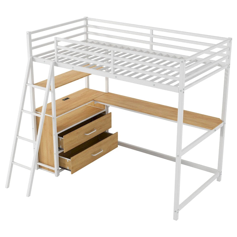 Cama alta tipo loft moderna de metal con escritorio, cajones e iluminación LED