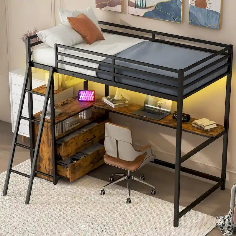 Cama alta tipo loft moderna de metal con escritorio, cajones e iluminación LED