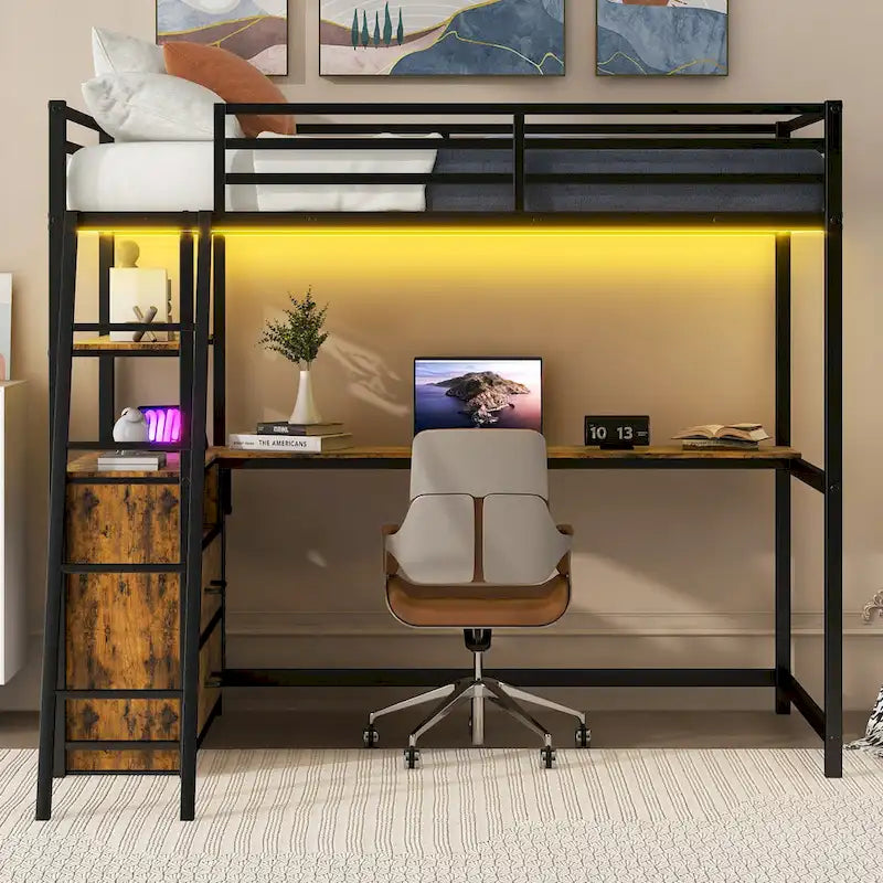 Cama alta tipo loft moderna de metal con escritorio, cajones e iluminación LED