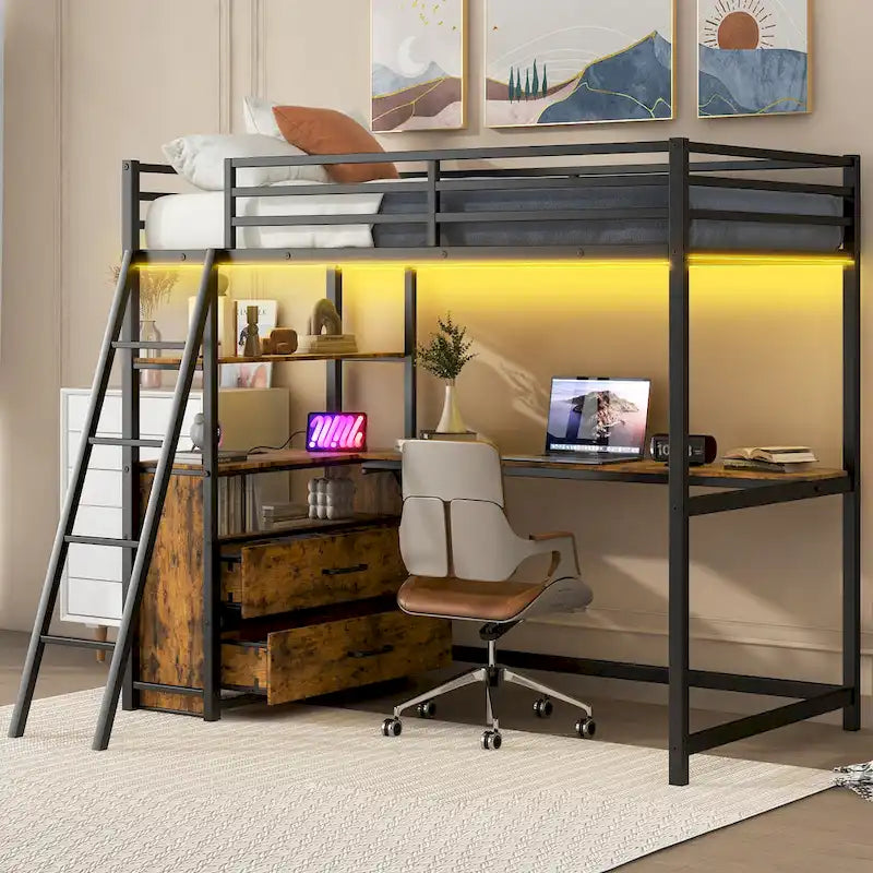 Cama alta tipo loft moderna de metal con escritorio, cajones e iluminación LED